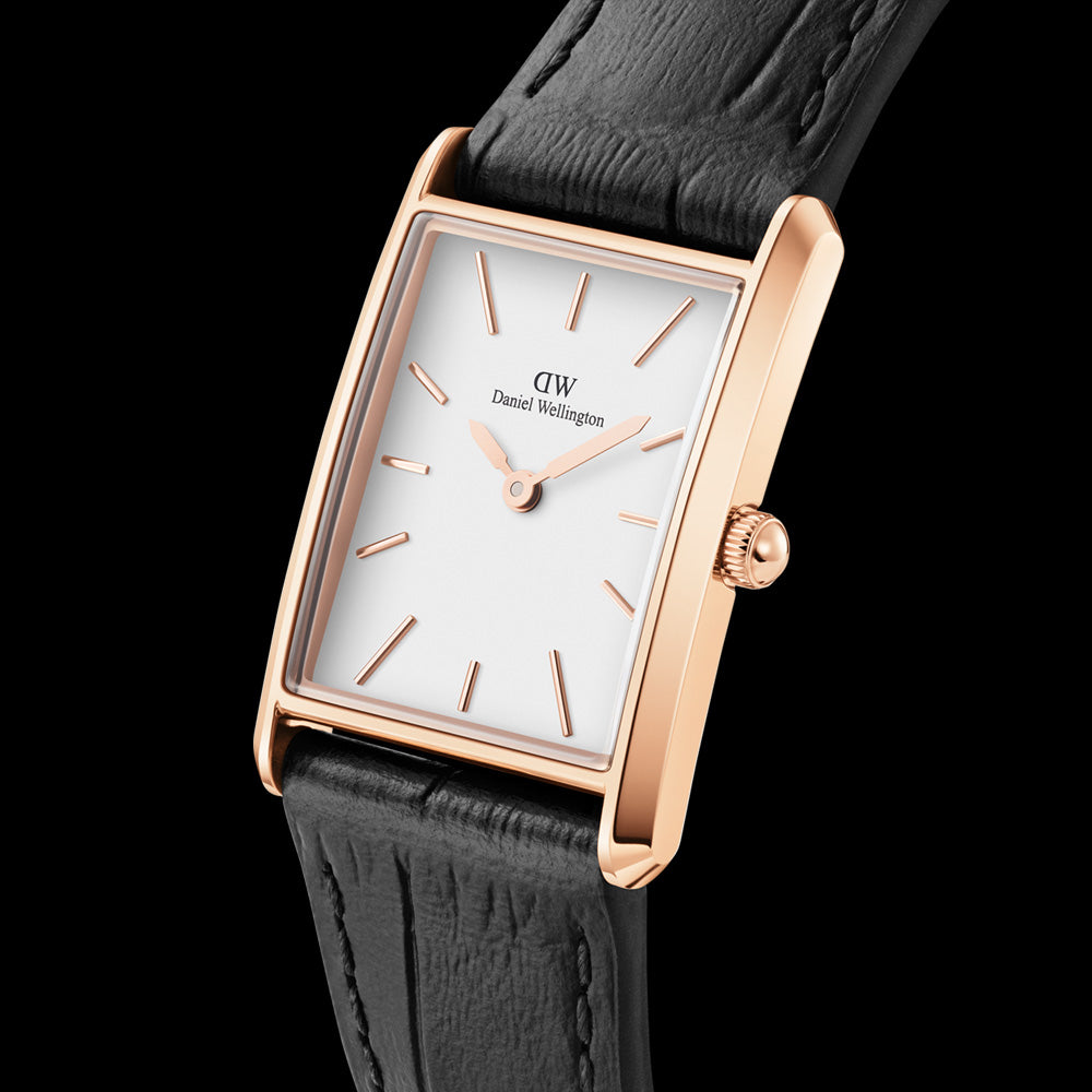 DANIEL WELLINGTON BOUND BLACK CROC LEATHER ROSE GOLD WHITE DIAL WATCH - ANGLE VIEW