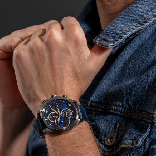Man Wearing Police Reactor Blue Leather Men's Watch