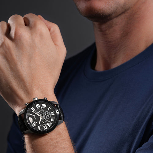 Man Wearing Police Roman Black Dual Time Men's Watch
