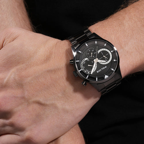 Man Wearing Police Driver II Gunmetal Grey Black Dial Men's Watch