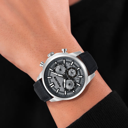POLICE RANGY GREY DIAL LEATHER MEN'S WATCH - WRIST VIEW