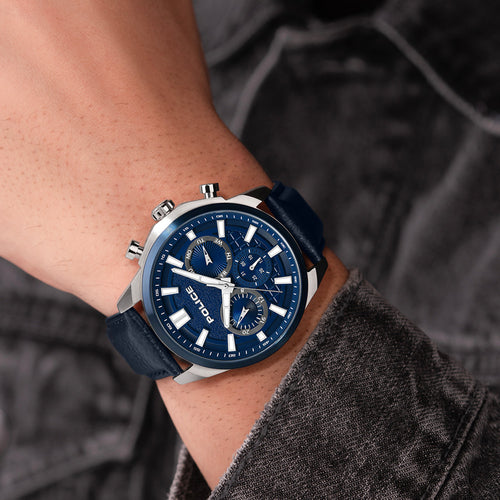 POLICE RANGY BLUE DIAL LEATHER MEN'S WATCH - WRIST VIEW