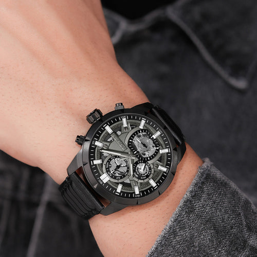 POLICE NEIST GREY DIAL BLACK LEATHER MEN'S WATCH - WRIST VIEW