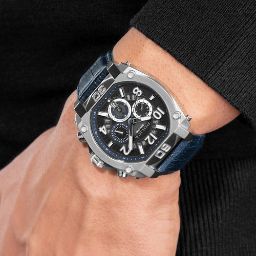 POLICE NORWOOD SILVER BLUE LEATHER MEN'S WATCH - WRIST VIEW