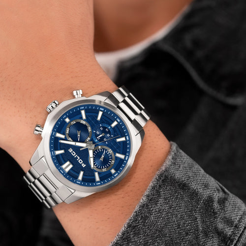 POLICE RANGY SILVER BLUE DIAL MEN'S WATCH - WRIST VIEW