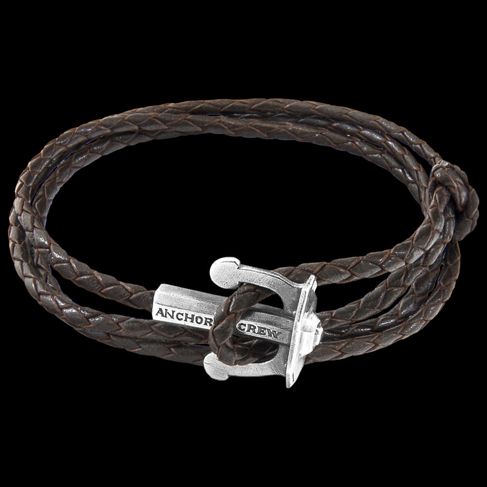 ANCHOR & CREW UNION SILVER DARK BROWN BRAIDED LEATHER BRACELET