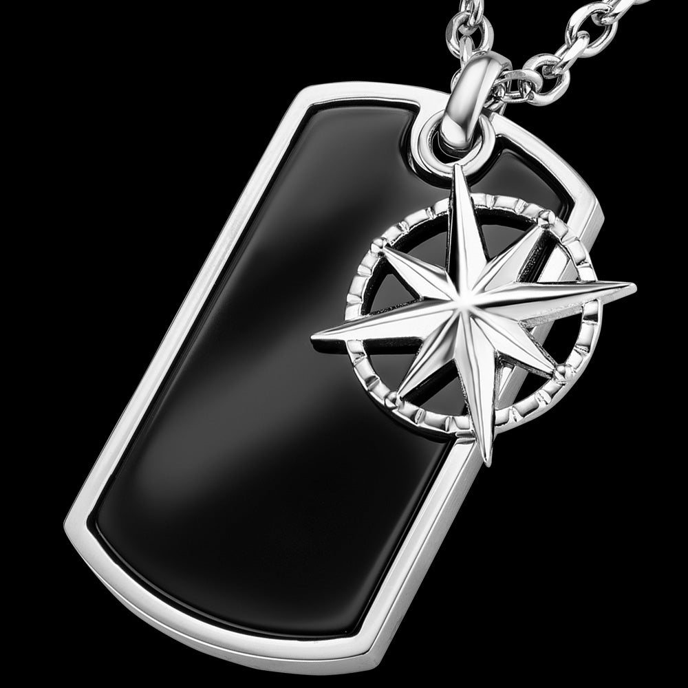 Black Onyx Compass Talisman Dog Tag Men's Necklace Save Brave
