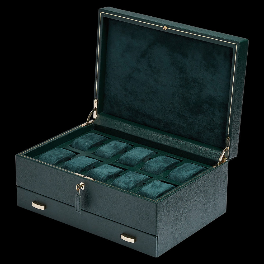 WOLF BRITISH RACING GREEN 10-PIECE DRAW WATCH BOX - OPEN VIEW