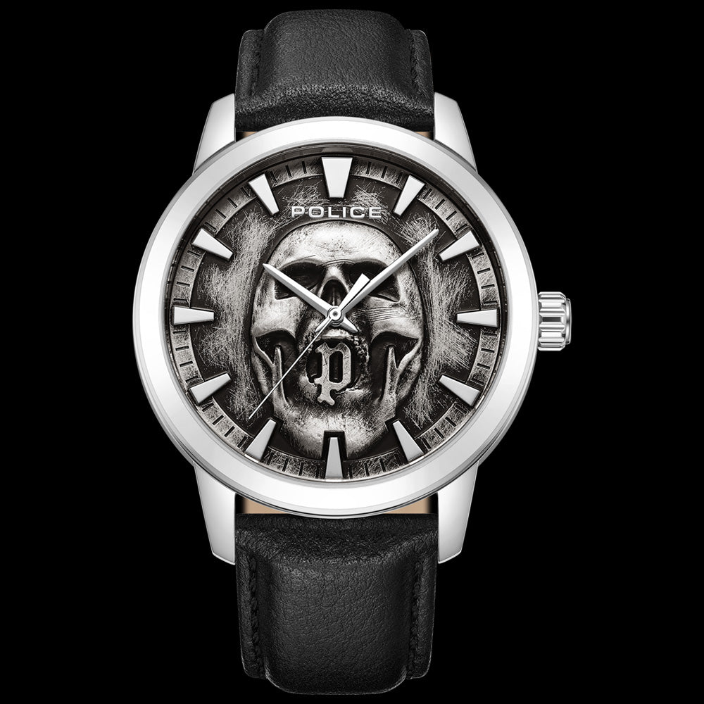 POLICE RAHO MEN'S SKULL DIAL BLACK LEATHER WATCH