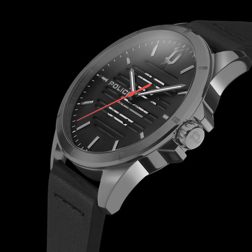POLICE BARWARA MEN'S BLACK LEATHER WATCH - SIDE VIEW
