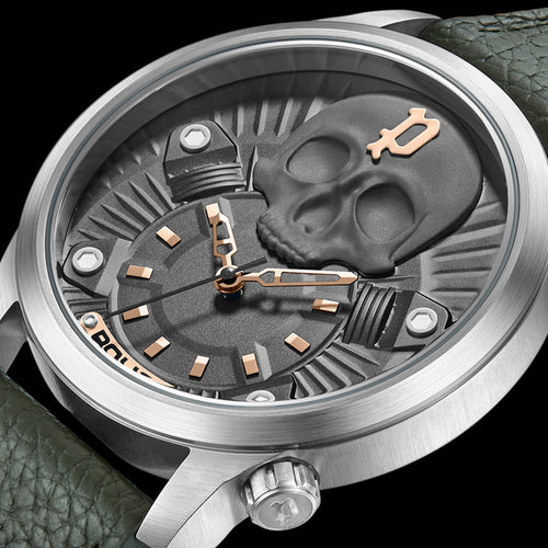 POLICE JET MEN'S GUNMETAL GREY SKULL DIAL WATCH - DIAL CLOSE-UP