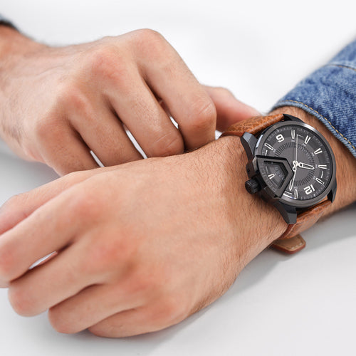 POLICE UNDERLINED MEN'S BLACK BROWN LEATHER WATCH - WRIST VIEW