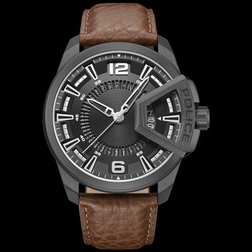 POLICE UNDERLINED MEN'S BLACK BROWN LEATHER WATCH