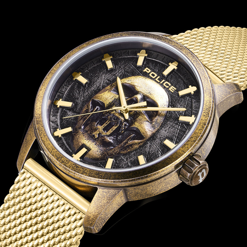 POLICE RAHO MEN'S SKULL DIAL GOLD WATCH - SIDE VIEW