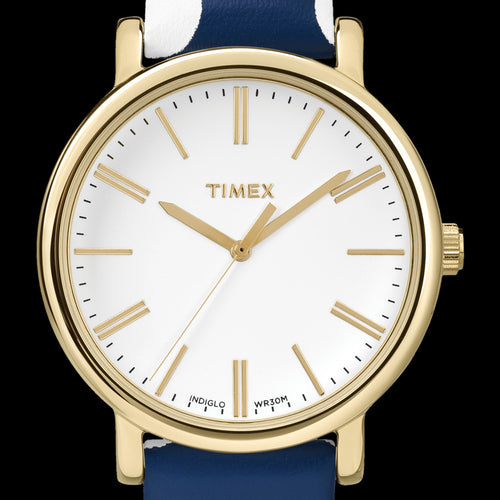 TIMEX ORIGINALS GOLD CASE BLUE POLKA DOT LEATHER WATCH - DIAL CLOSE-UP
