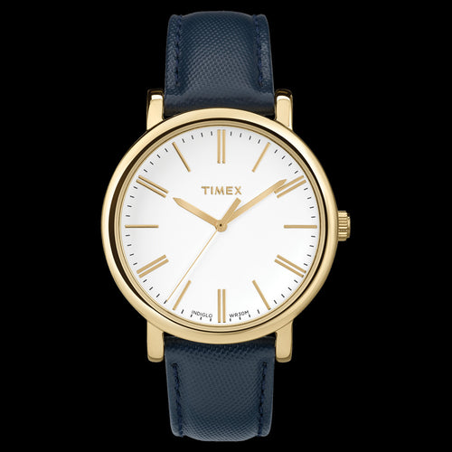 TIMEX ORIGINALS GOLD CASE BLUE STAMPED LEATHER WATCH