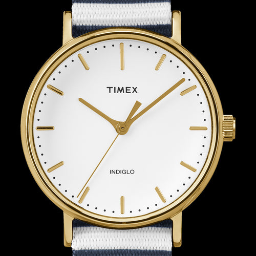 TIMEX WEEKENDER FAIRFIELD GOLD CASE BLUE STRIPES STRAP WATCH - DIAL CLOSE-UP