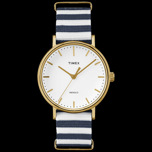 TIMEX WEEKENDER FAIRFIELD GOLD CASE BLUE STRIPES STRAP WATCH