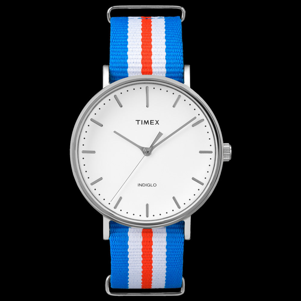 TIMEX WEEKENDER FAIRFIELD SILVER CASE BLUE WHITE STRAP WATCH