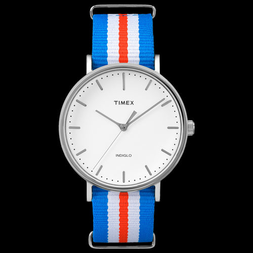 TIMEX WEEKENDER FAIRFIELD SILVER CASE BLUE WHITE STRAP WATCH
