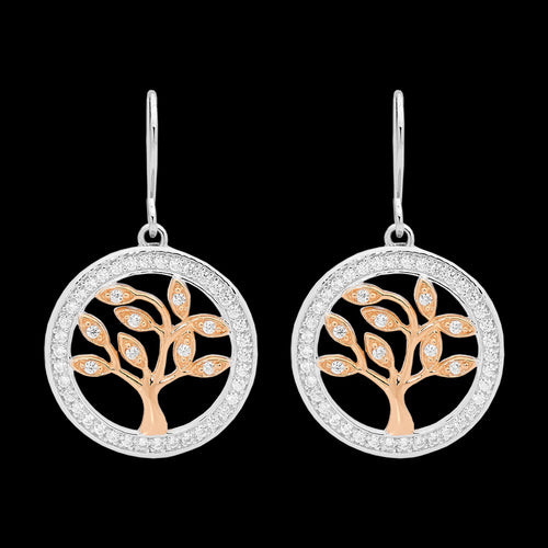 ELLANI STERLING SILVER ROSE GOLD CZ SURROUND TREE OF LIFE EARRINGS