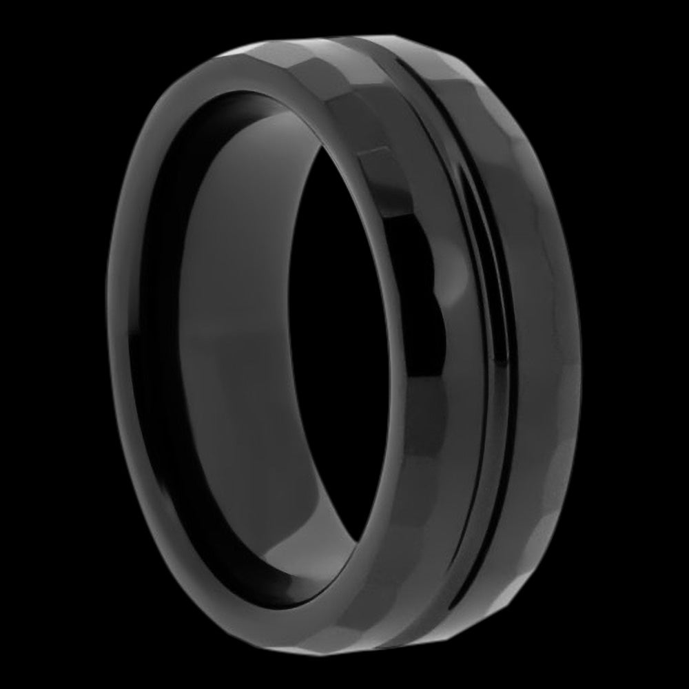 BLACK CERAMIC MEN'S HAMMERED GROOVE RING