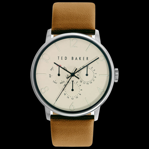 TED BAKER JACK SILVER CREAM DIAL CHRONO MUSTARD LEATHER WATCH