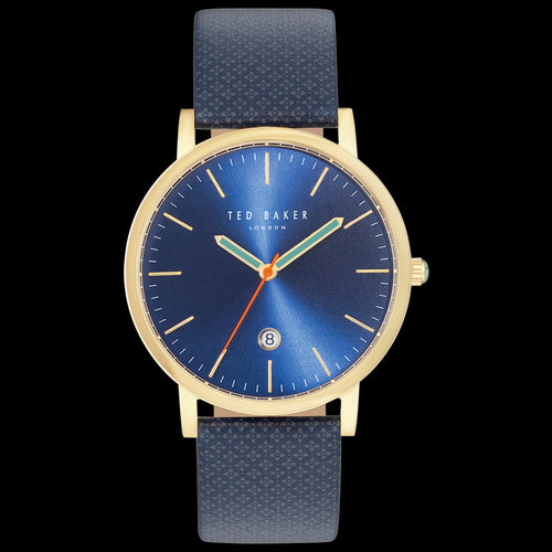 TED BAKER GRAHAM GOLD BLUE DIAL PATTERN LEATHER WATCH
