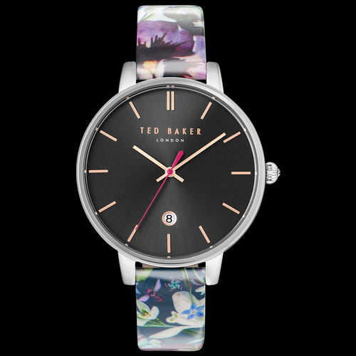 TED BAKER KATE SILVER BLACK DIAL FLORAL LEATHER WATCH