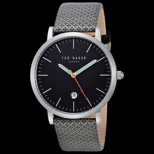 TED BAKER GRAHAM SILVER BLACK DIAL GREY PATTERN LEATHER WATCH - TILT VIEW