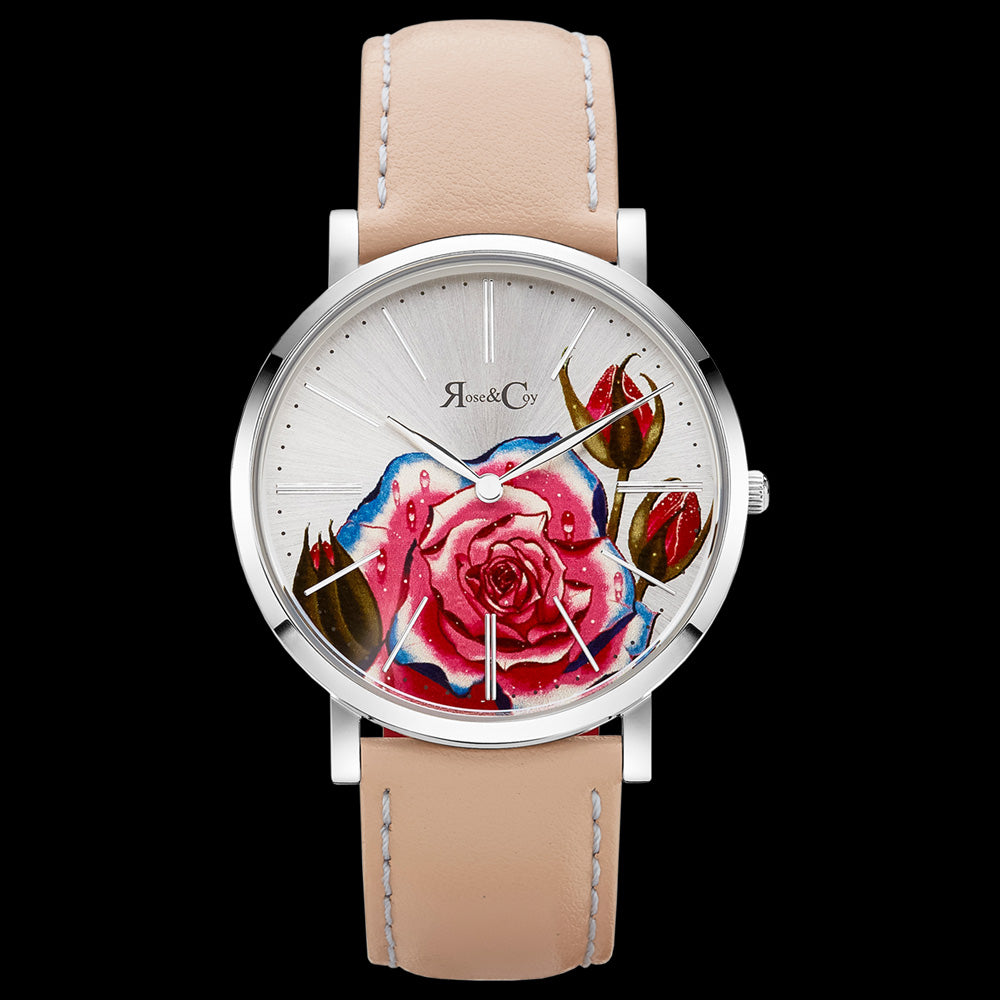 ROSE & COY ART SERIES PINK ROSE 40MM SILVER PEACH WATCH