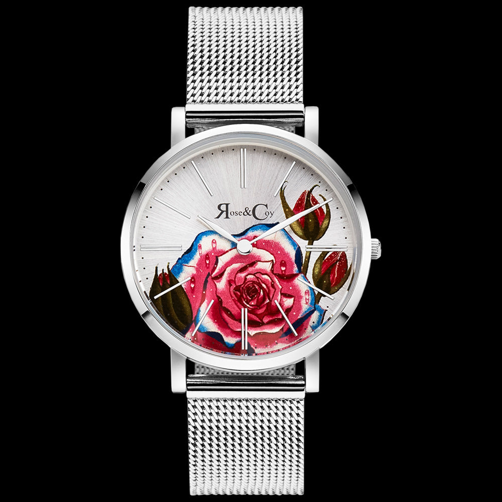 ROSE & COY ART SERIES PINK ROSE 34MM SILVER MESH WATCH