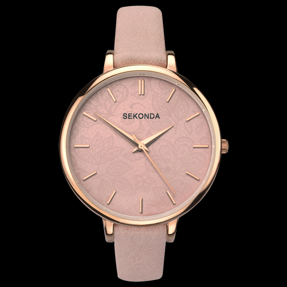 SEKONDA LADIES ROSE GOLD FLORAL ETCHED DIAL MUSK WATCH