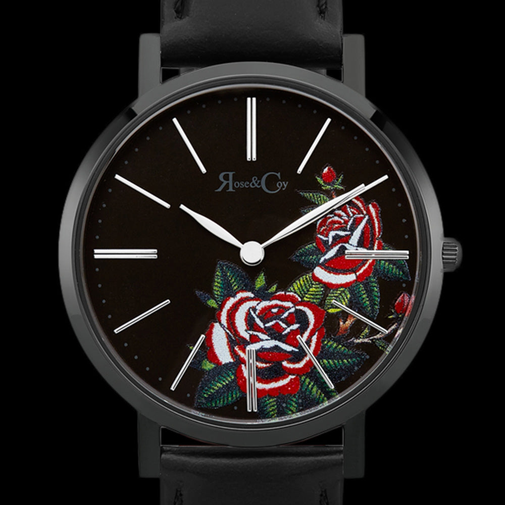 ROSE & COY MIDNIGHT RED ROSE 34MM BLACK LEATHER WATCH - DIAL CLOSE-UP