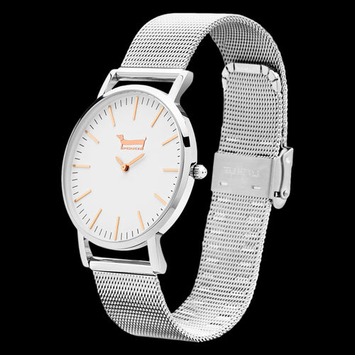 DOXIE FRIEDA & DORI 40MM SILVER MESH WATCH - TILT VIEW