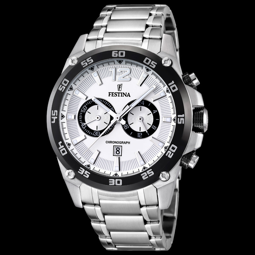 FESTINA MEN S WHITE DIAL CHRONOGRAPH CLASSIC DATE WATCH Silver Steel