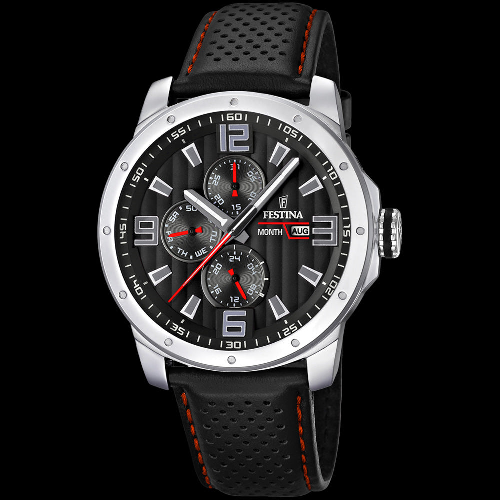Festina Men s Red Black Dial Multifunction Leather Watch Australia Silver Steel