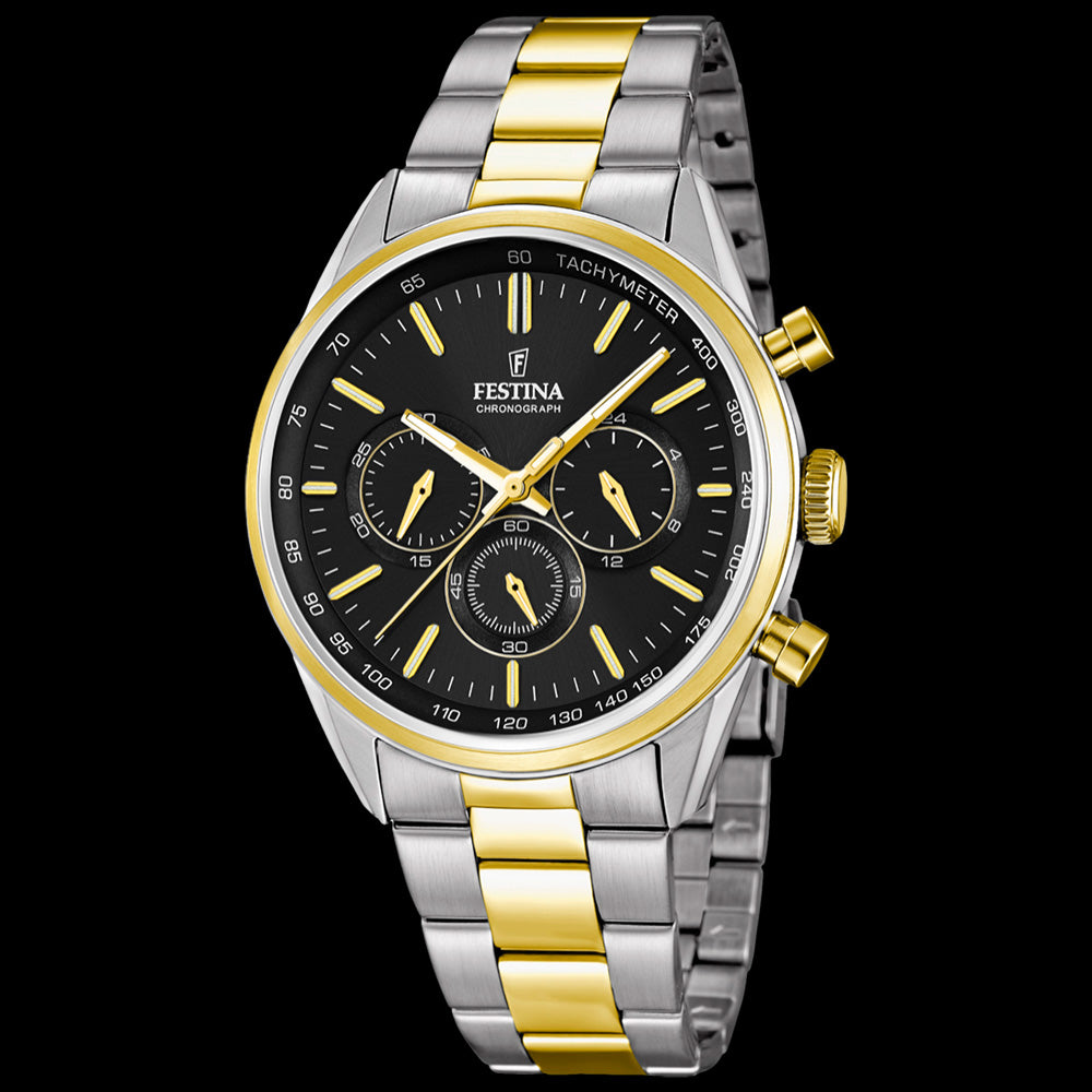 FESTINA MEN'S CHRONOGRAPH CLASSIC BLACK DIAL TWO-TONE GOLD WATCH