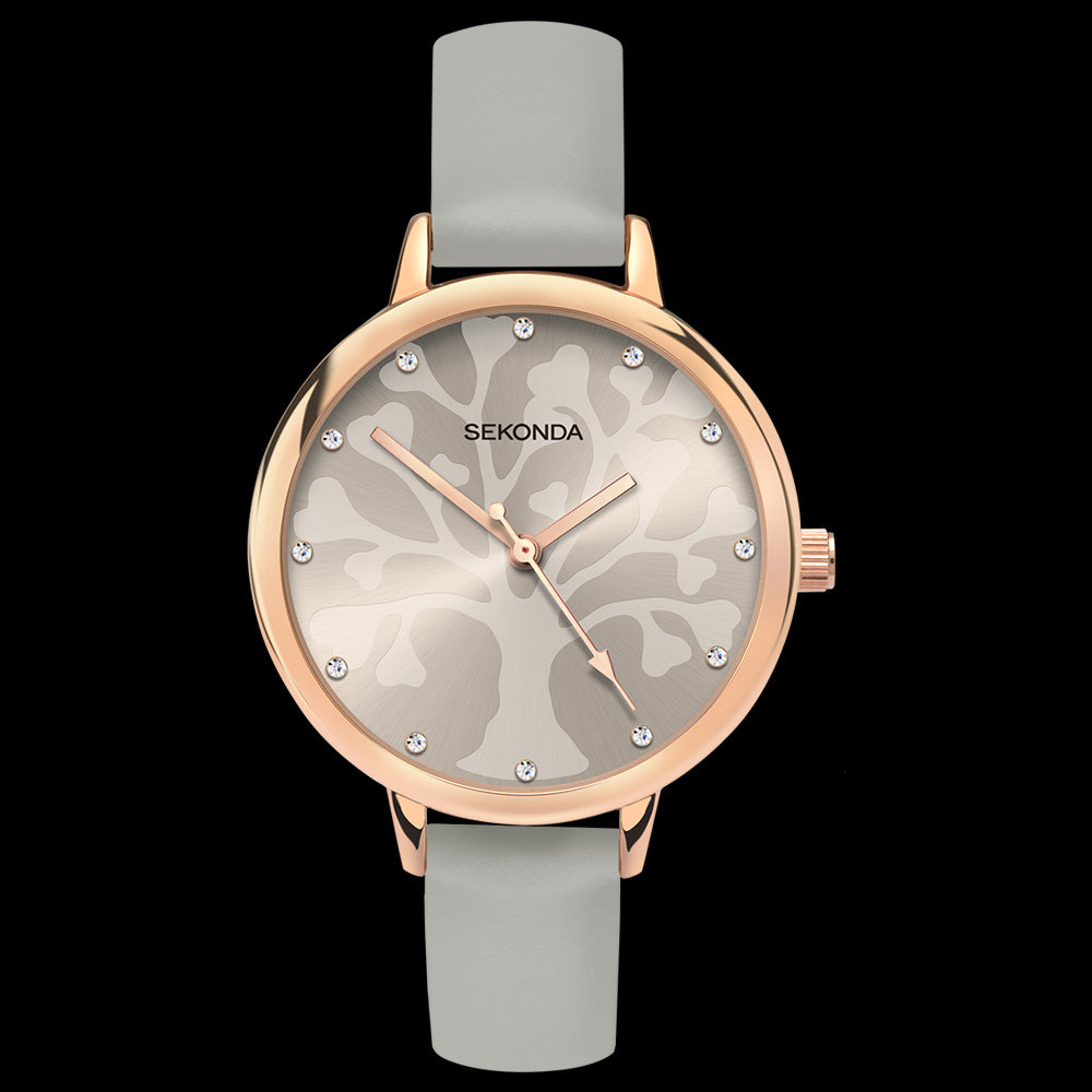 SEKONDA LADIES TREE OF LIFE ROSE GOLD CZ DIAL GREY WATCH