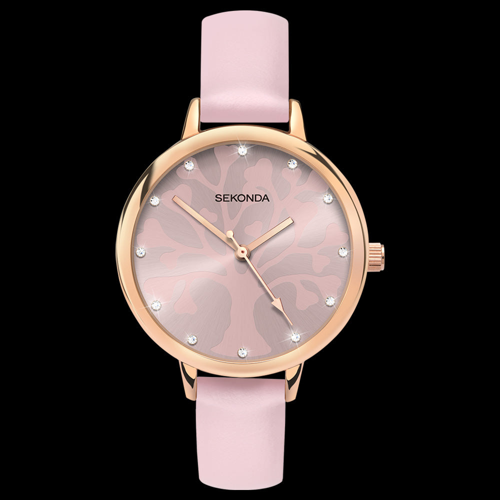 SEKONDA LADIES TREE OF LIFE ROSE GOLD CZ DIAL PINK WATCH