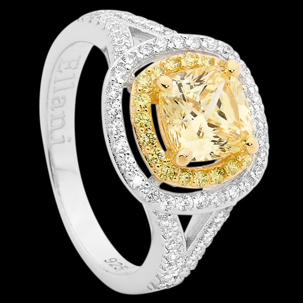 ELLANI STERLING SILVER GOLD IP YELLOW CZ DOUBLE HALO CUSHION SPLIT BAND RING