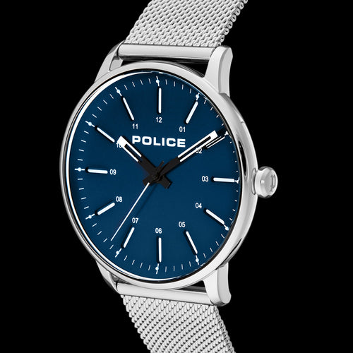 POLICE MEN’S NORMAN BLUE DIAL SILVER MESH WATCH - TILT VIEW