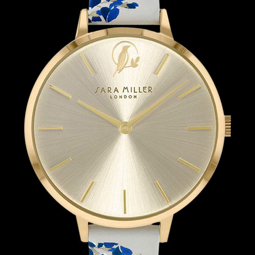 SARA MILLER WISTERIA 34MM SUNRAY DIAL GOLD PATTERN LEATHER WATCH - DIAL CLOSE-UP