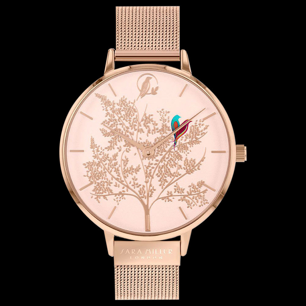 SARA MILLER CHELSEA LOVEBIRDS 38MM SOFT PINK DIAL ROSE GOLD MESH WATCH