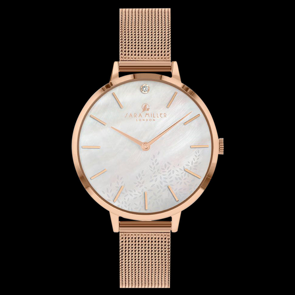 SARA MILLER LEAF DIAMOND 34MM WHITE DIAL ROSE GOLD MESH WATCH