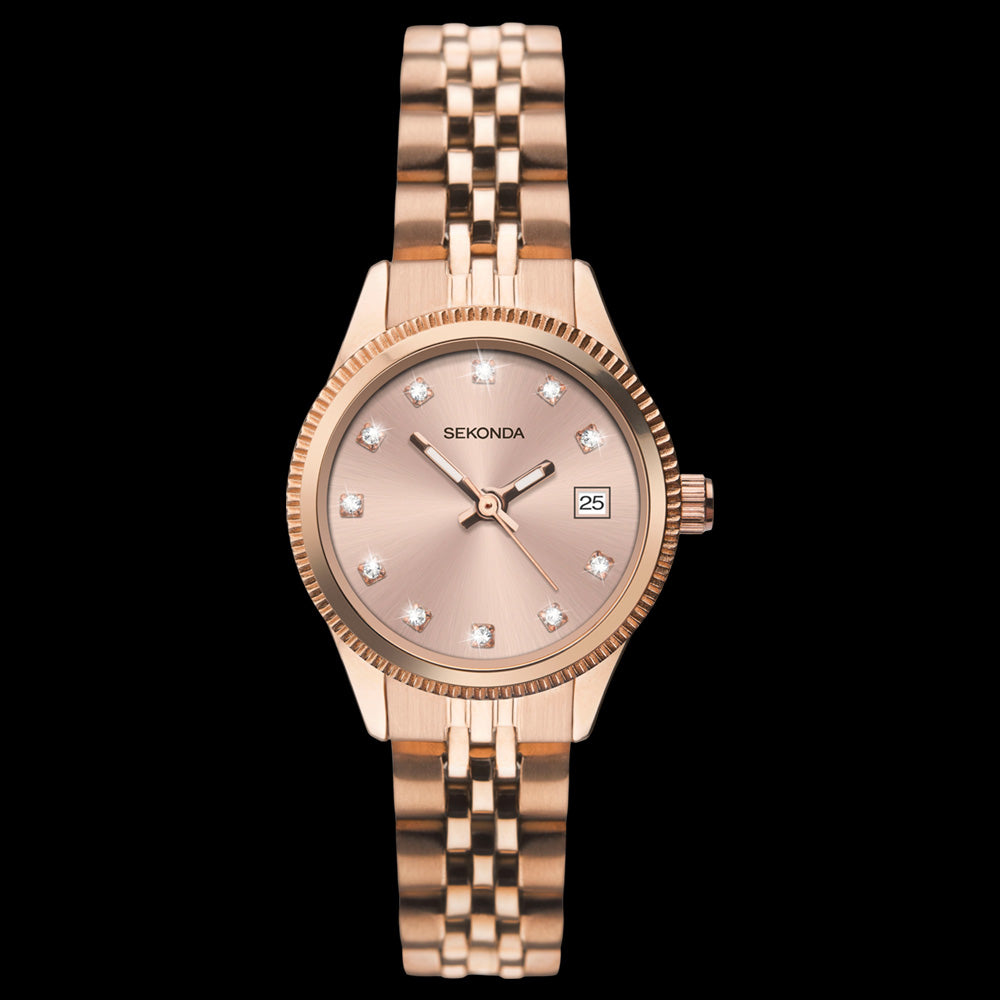 SEKONDA LADIES ROSE GOLD CZ DIAL DATE WATCH