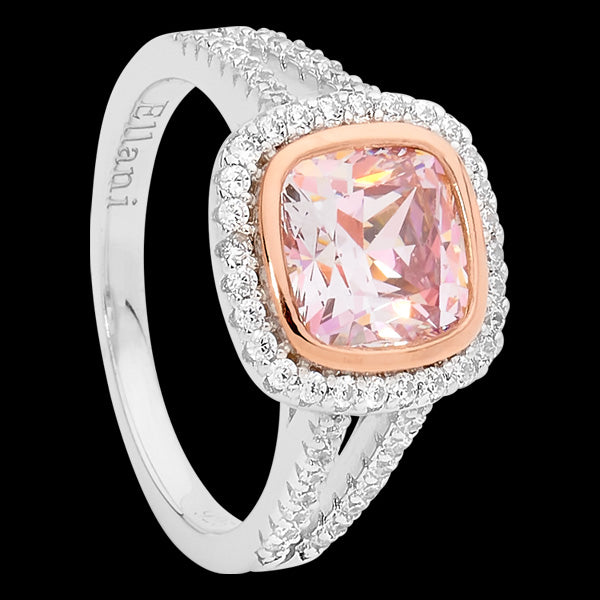 ELLANI STERLING SILVER MORGANITE CZ CUSHION CUT ROSE GOLD BEZEL RING