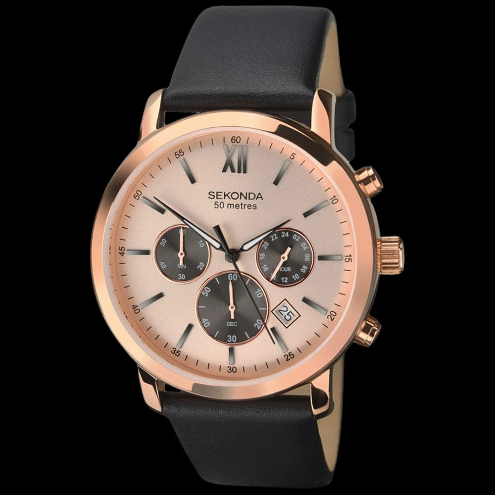 SEKONDA MEN'S ROSE GOLD CHRONO BLACK LEATHER WATCH