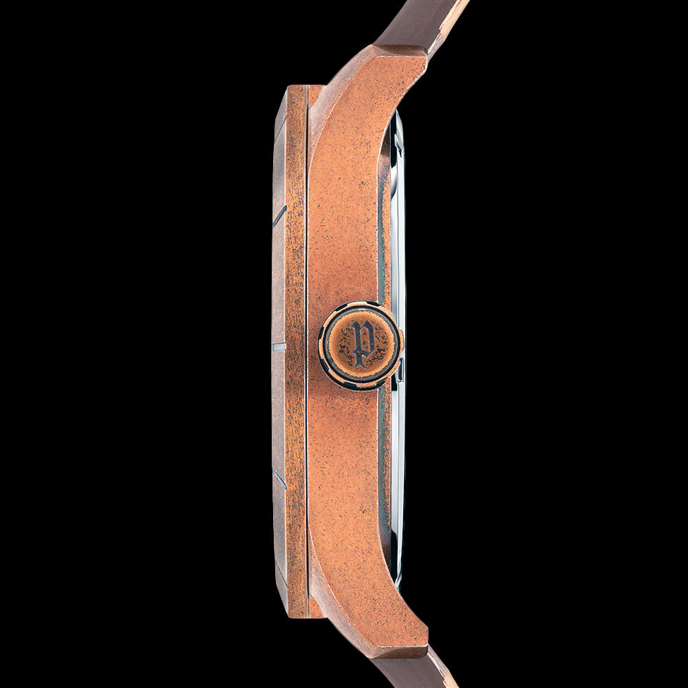 POLICE MEN'S BUSHMASTER BROWN LEATHER WATCH - SIDE VIEW
