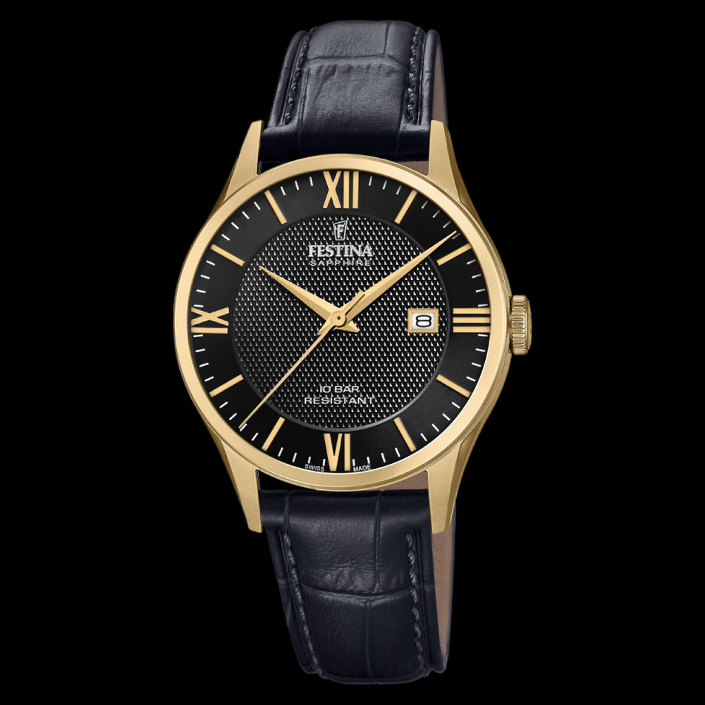 FESTINA MEN'S SWISS SAPPHIRE BLACK DIAL GOLD LEATHER WATCH